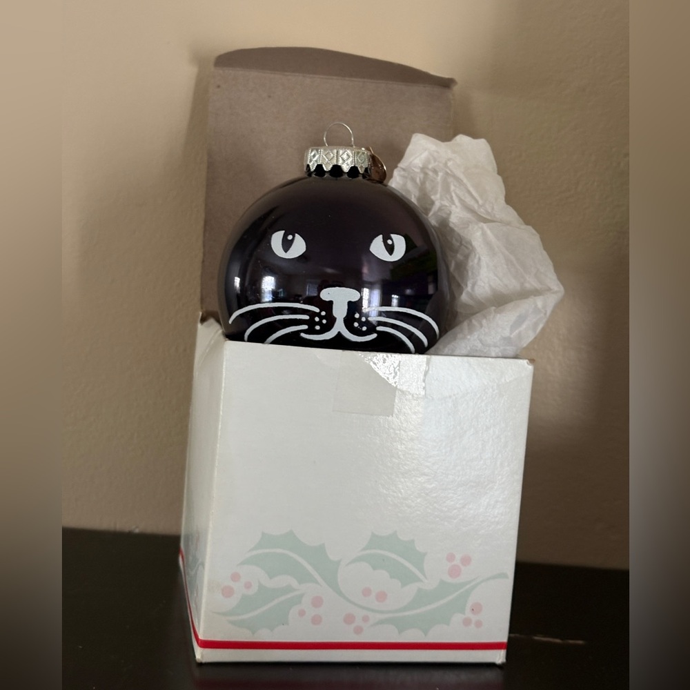 Bronner’s glass ball ornament. Original box. Black cat.